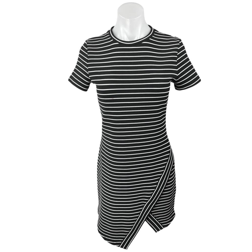 Olivaceous Black White Striped Rib Knit Short Sleeve Mini T-Shirt Shift Dress M